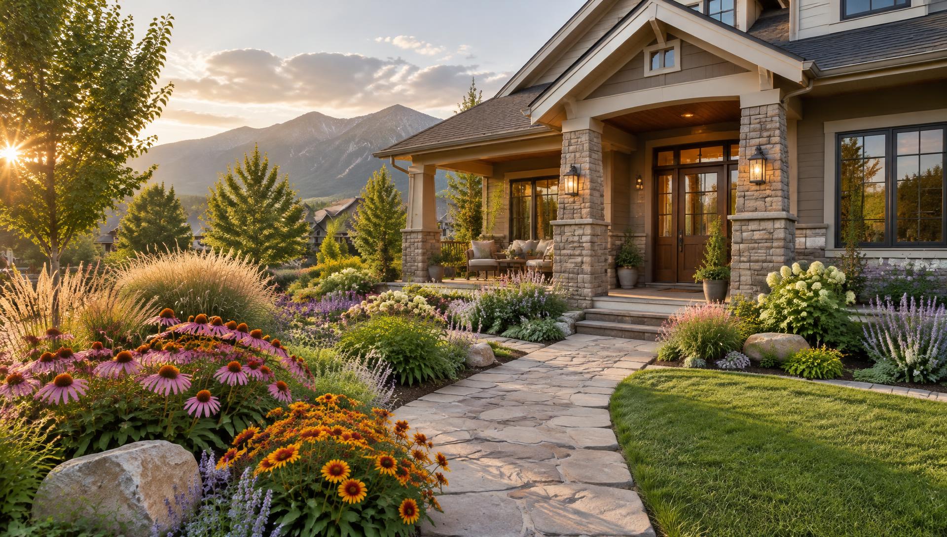 A colorful front yard full of blooming perennials in front of a Utah home