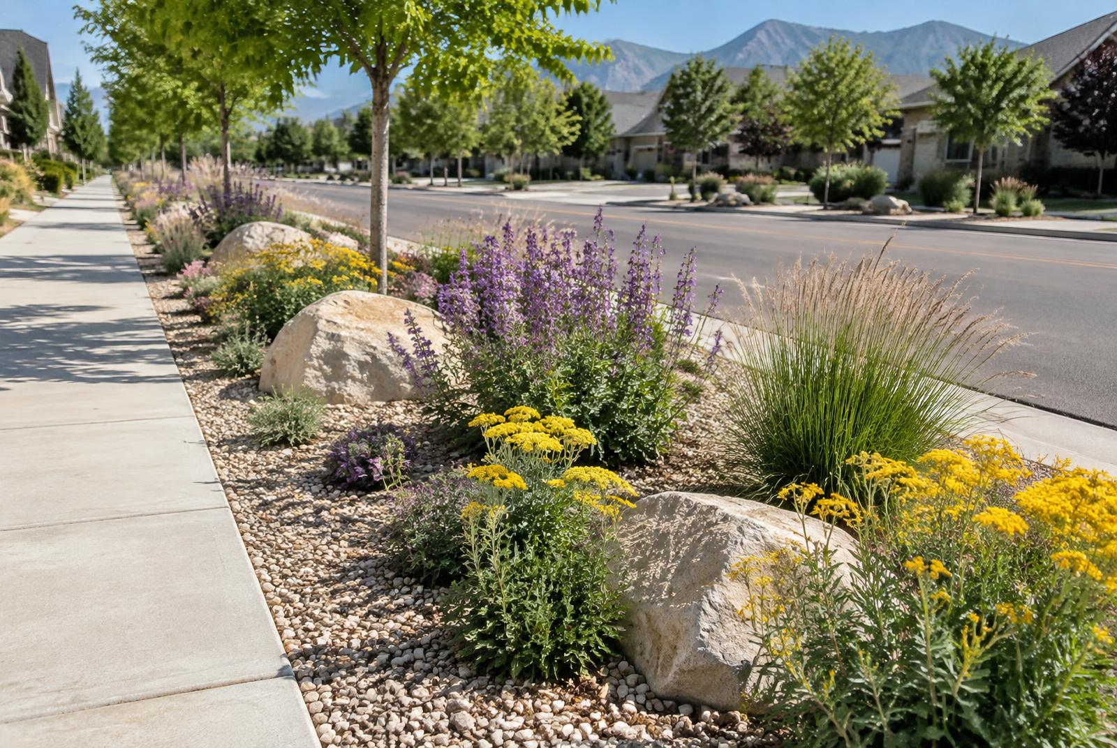 A replanted park strip with low flowering plants beside a sidewalk