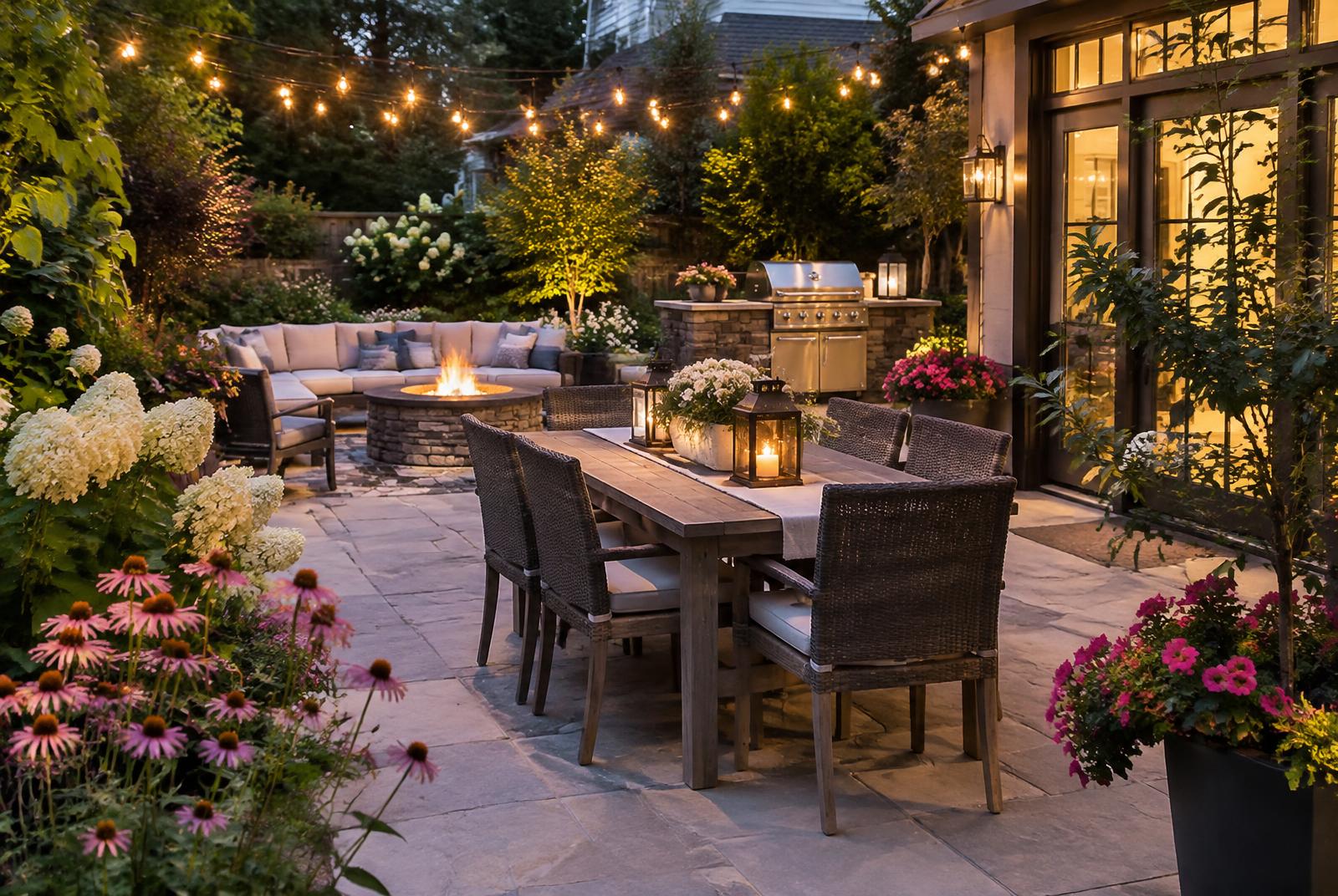 An outdoor patio surrounded by flowering garden beds at dusk