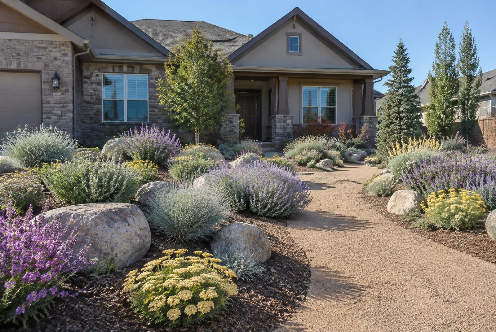 A water-wise Utah front yard with gravel, boulders and flowering perennials